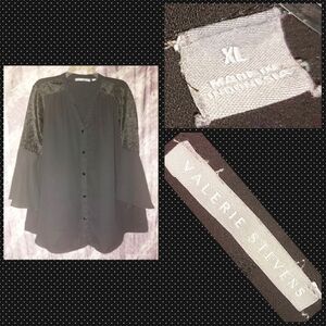 Valerie Stevens Blk Woven & Velvet Button Front Shirt w/3/4 Bell Slvs XL(14/16)